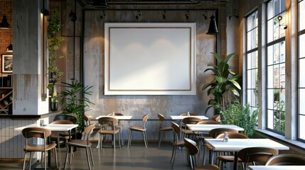 A hip urban cafe with industrial decor, using an empty white photo frame to feature and rotate artwork by local artists - obrazy, fototapety, plakaty