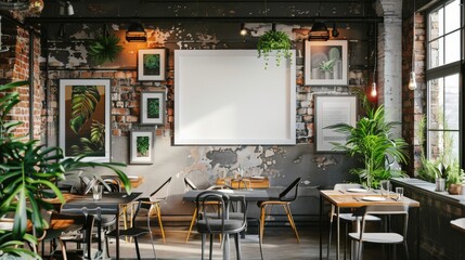A hip urban cafe with industrial decor, using an empty white photo frame to feature and rotate artwork by local artists - obrazy, fototapety, plakaty