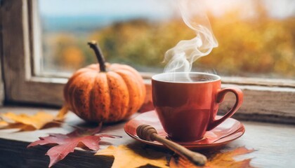 cup of hot autumn coffee or tea on the window living in hygge style hot drink in cold autumn fall weather mood halloween - obrazy, fototapety, plakaty