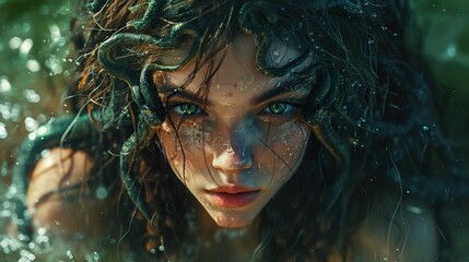 Portrait of a Modern Medusa With Serpentine Hair Emerging From Water