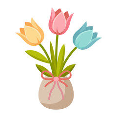 Multi colored tulips in a vase. Happy Easter Celebration. International Women Day.Traditional design element for holiday. Vector illustration isolated on white background for banner, card, poster.
