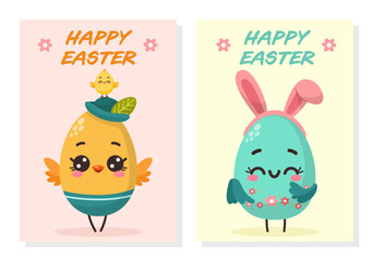 Set of cards with cute characters Easter eggs. Happy Easter Celebration.Traditional design element for holiday. Vector illustration isolated on white background for banner, card, website, poster.