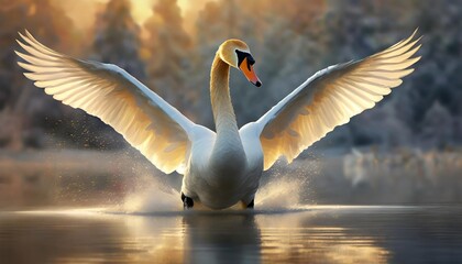 swan spreads its wings at dawn - Powered by Adobe