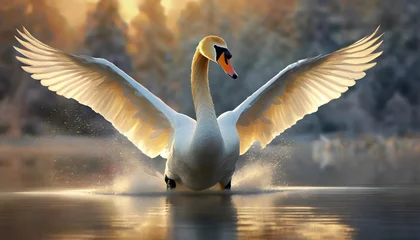 Rolgordijnen swan spreads its wings at dawn © Deanne