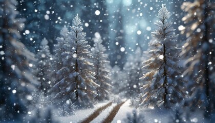 snowfall in a winter spruce forest nature background