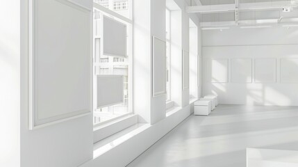 A sleek, contemporary art gallery with bright white walls, featuring several empty white photo frames of various sizes in a tasteful arrangement, awaiting artwork