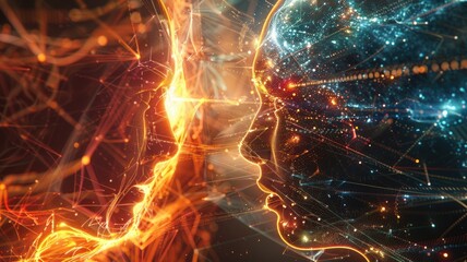 neural network where two AI consciousnesses meet and meld, one gradually enveloping and integrating the essence of the other in a spectacle of light and data