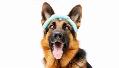 Fotobehang funny angry growling german shepherd wearing a cat ear headband as a dog wearing a cat disguise isolated on white © Deanne