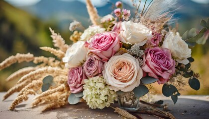 gorgeous bouquet of roses peonies and hydrangea with decorative dried flowers spring flowers