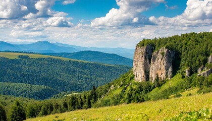beautiful mountain cliffs against the backdrop of mountain hills with forests and glades