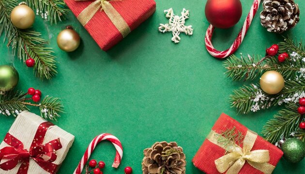 christmas concept top view photo of present boxes green red baubles gold star ornaments pine cones mistletoe berries snow and fir branches on isolated green background with empty space in the middle