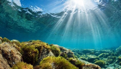 underwater sunlight through the water surface seen from a rocky seabed with algae