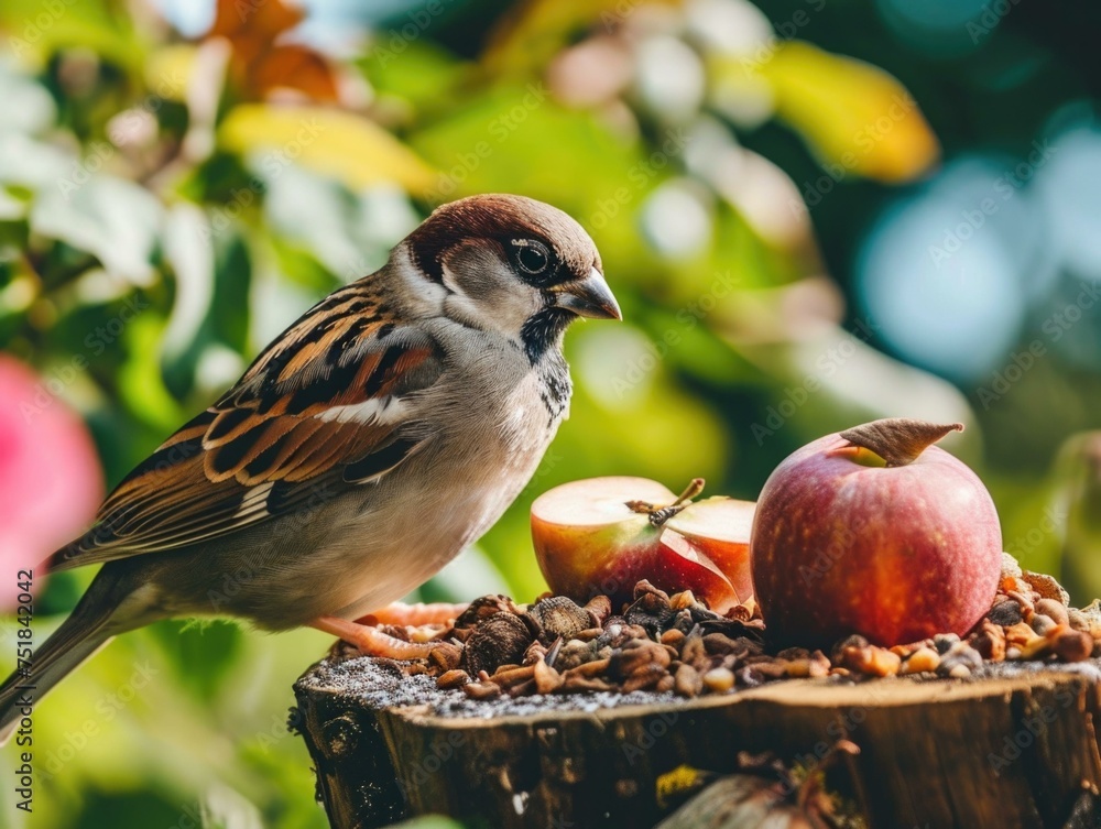 Poster a sparrow is sitting on a stump with an apple. generative ai.