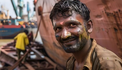 Portrait of a 40-year-old man in front of a vintage ship under repair

