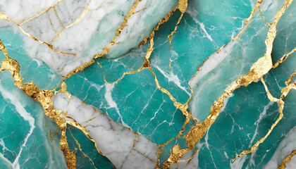 Vintage turquoise and white marble granite with gilding. Rich golden tones. Abstract surface.