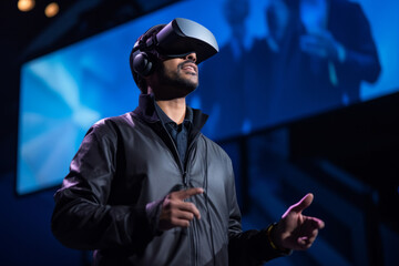 a technology conference keynote speaker stood on a stage wearing a vr headset