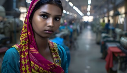 Portrait of a young Indian woman working in a textile factory

