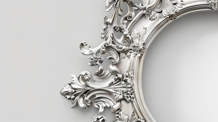 A section of an elegant silver mirror frame reveals exquisite floral and scroll designs