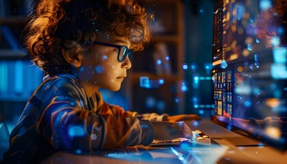 Obraz premium 6-year-old child working with artificial intelligence on a computer