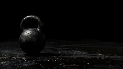 A lone black kettlebell on a textured surface, symbolizing strength and physical fitness - obrazy, fototapety, plakaty