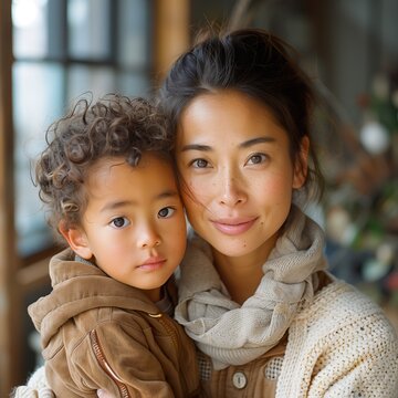 Photo of adorable Asian mother with her adopted baby, sheltered at home, generative AI