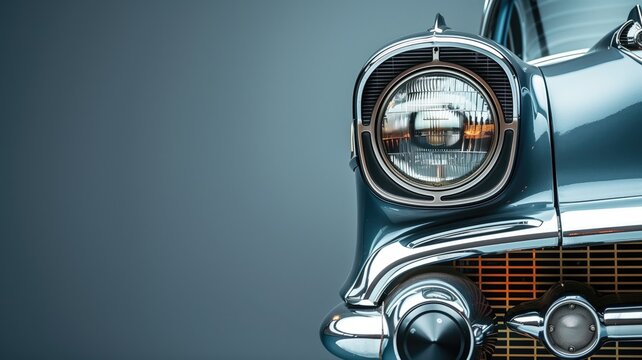 The polished headlight of a vintage blue classic car