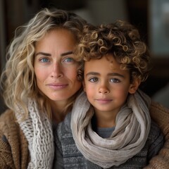 Photograph portrait of mother hugging her son, adopted, with blue and brown eyes, warm for the winter at home with a scarf, generative AI