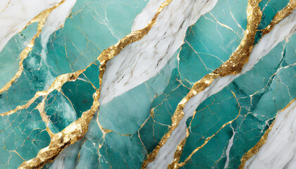 Vintage turquoise and white marble granite with gilding. Rich golden tones. Abstract surface. - obrazy, fototapety, plakaty