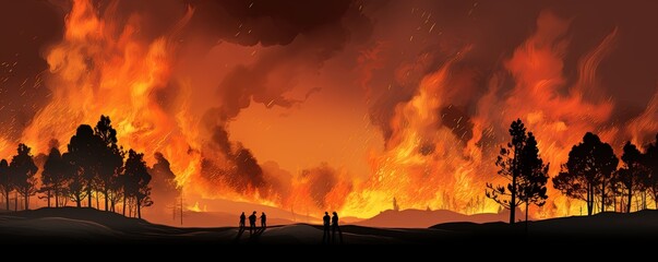 Forest fire, wildfire landscape natural disaster background banner panorama - Burning flames with smoke development and black silhouette of forest trees and firefighters