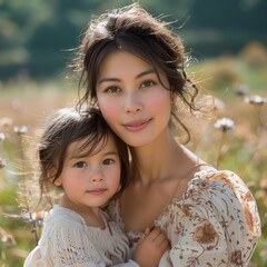 Photo portrait of adorable Asian mother with her baby, in a field of flowers in daylight, generative AI