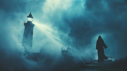 Silhouette of Jesus Christ standing by a lighthouse during a storm. - obrazy, fototapety, plakaty