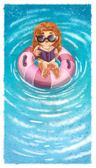 Ilustración de una niña leyendo un libro en su flotador - obrazy, fototapety, plakaty
