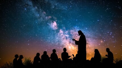 Silhouette of Jesus Christ with disciples, sharing wisdom under the stars. - obrazy, fototapety, plakaty