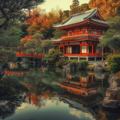 Serene Japanese Garden and Temple Reflecting in a Calm Pond on a Cloudy Day
