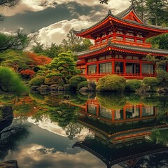 Serene Japanese Garden and Temple Reflecting in a Calm Pond on a Cloudy Day