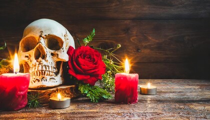 dark moody baroque background with skull flowers candles and ornaments for halloween day of the dead santa muerte and all souls day - obrazy, fototapety, plakaty