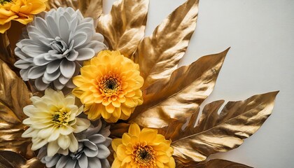 beautiful abstract gray and yellow flowers on white background gold flower frame and brown leaves...