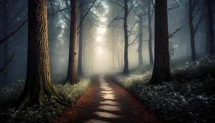 path through the forest on a foggy january morning