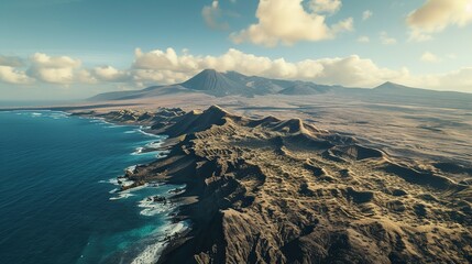 Aerial View of Rugged Lanzarote Coastline in the Canary Islands at Sunset