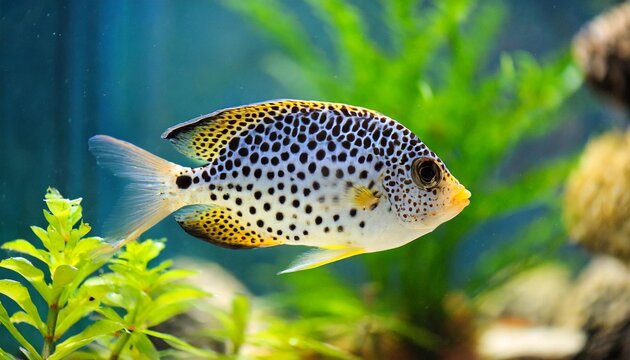 uaru amphiacanthoide black spotted fish swims in a transparent aquarium with a beautiful bright design