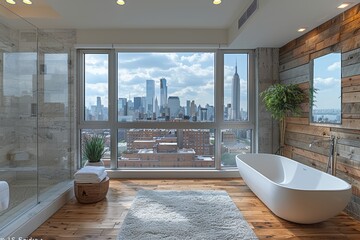 Stylish city-view bathroom design in modern apartment setting