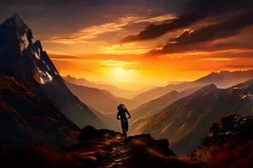 Foto op Plexiglas Sunset Thrill: Mountain Biker Conquering Peaks at Dusk © Andreas
