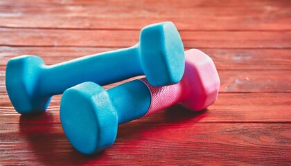 blue and pink dumbbells on red background
