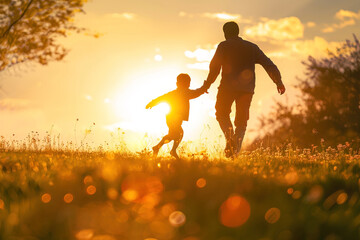 Silhouette of dad with his son walking among park landscape under golden sunset light