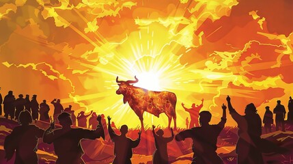 Silhouette of the golden calf being worshiped by the Israelites - obrazy, fototapety, plakaty