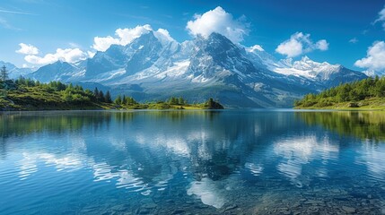 Naklejka premium Clear Mountain Lake Surrounded by Green Mountains