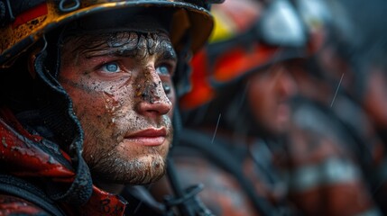Fototapeta premium Close Up of a Fireman Wearing a Fire Helmet