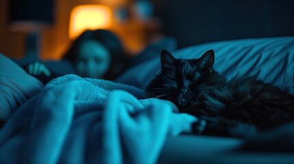 Serene Midnight Slumber: A Furry Black Cat Naps on a Sofa With a Watchful Girl Nearby - obrazy, fototapety, plakaty