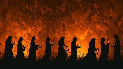 Silhouette of the parable of the ten virgins waiting with their lamps