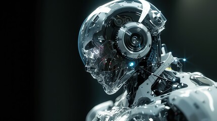 Futuristic Robot With Transparent Glass Head Illuminated in the Shadow